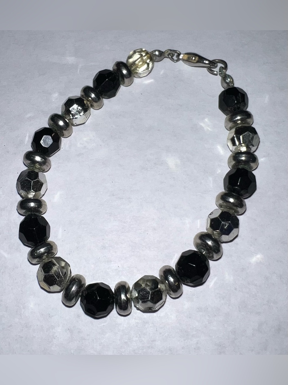 Women Black Silver Faceted Beaded Bracelet Multi-Size Multi-Shape Jewelry
